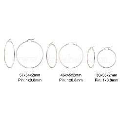 304ステンレススチールフープピアス  銀  57x54x2mm / 36x35x2mm / 46x45x2mm  ピン：1x0.8mm  3のペア/袋&nbsp;EJEW-CJ0001-01