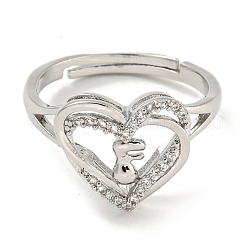 Heart with Letter Rack Plating Brass Micro Pave Clear Cubic Zirconia Adjustable Rings for Women&nbsp;RJEW-I105-01P-F