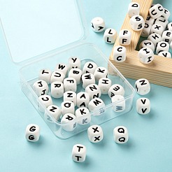 52個26スタイルの食品グレードの環境に優しいシリコーンビーズ  文字スタイル  ホワイト  キューブ  a～zの文字  12x12x12mm  穴：2mm  2個/スタイル&nbsp;SIL-LS0001-03