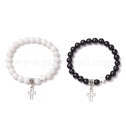 2Pcs Natural Obsidian & Mashan Jade Round Bead Stretch Bracelets&nbsp;BJEW-JB11599