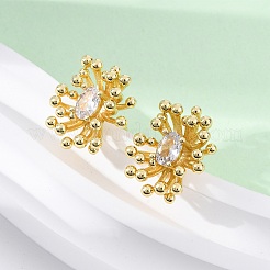 花の真鍮クリアキュービックジルコニアスタッドピアス  鉛フリー＆カドミウムフリー  長持ちメッキ  ラックめっき  18KGP本金メッキ  19x14mm&nbsp;EJEW-R025-22G