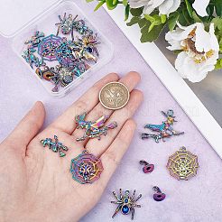 20個5スタイルメッキ合金ペンダント  カドミウムフリー＆鉛フリー  魔女と蜘蛛と巣  ハロウィン  虹色  11~29.5x11~37x2.5~11mm  穴：1.6~4mm  4個/スタイル&nbsp;FIND-CA0005-72