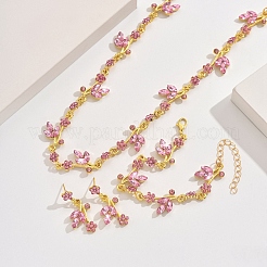 Flower Alloy Rhinestone Link Chain Necklaces & Bracelets & Stud Dangle Earrings Sets&nbsp;FS-WG778CB-01