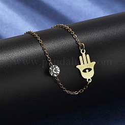201 ステンレススチールアズキチェーンブレスレット  女性用ステンレススチールリンクブレスレット201個  ラインストーン付き  18KGP本金メッキ  目で手のひら  6-3/4インチ（17.1cm）&nbsp;BJEW-H205-01A-G