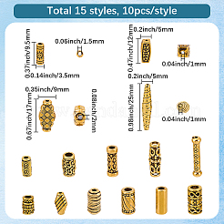 150個15スタイルチベットスタイルアロイビーズ  カドミウムフリー＆鉛フリー  アンティーク黄金  7~22x3.5~7mm  穴：1~3.5mm  10個/スタイル&nbsp;FIND-SC0023-87