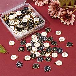 金メッキ合金エナメルチャーム  エポチャーム  アルファベット付きのフラットラウンド  a～zの文字  ゴールドカラー  14x12x2mm  穴：1.5mm  26個/セット  5セット /箱&nbsp;ENAM-SZ0001-01