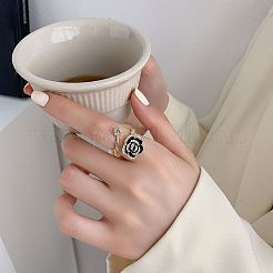 合金ラインストーン調節可能なオープンカフリング  レトロ 特別興味  女性のための  花  ブラック  内径：16~19mm&nbsp;FS-WG54D79-01