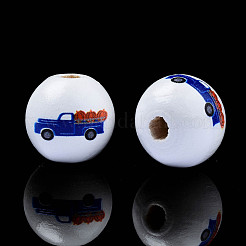 秋のテーマプリント天然木ビーズ  カボチャとトラックで車とラウンド  ダークブルー  15.5x14.5mm  穴：4mm&nbsp;WOOD-S057-093