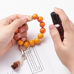 ラウンド & ポリゴン ナチュラル ウッド ビーズ ストレッチ ブレスレット キーホルダー  ポリコットン タッセル ペンダントと合金パーツ  ミックスカラー  17.5~18cm&nbsp;KEYC-JKC00319