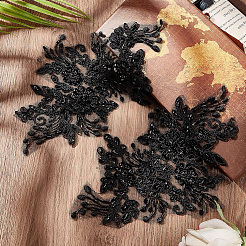 花柄ポリエステル刺繍レースアップリケ2組  手芸ビーズアップリケ  コスチュームドレスアクセサリー  ブラック  160x250x2mm&nbsp;DIY-GF0013-14