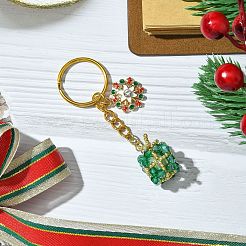 クリスマスの編み込みガラスキーホルダー  鉄製のスプリットキーリングと合金製のエナメルチャーム付き  ギフト用の箱  ライムグリーン  8cm&nbsp;KEYC-MZ00017-03