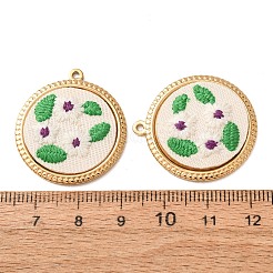 304ステンレススチールと布刺繍のペンダント  フラワーラウンドフラワーチャーム  イオンプレーティング（ip）  長持ちメッキ  18KGP本金メッキ  グリーン  30x27x3.5mm  穴：1.5mm&nbsp;FB-CBAFBAF-07G
