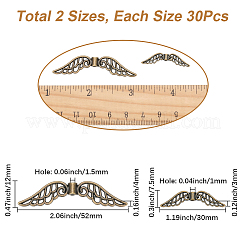 60個2スタイルチベットスタイルアロイビーズ  ウイング  カドミウムフリー＆鉛フリー  アンティークブロンズ  7.5~12x30~52x3~4mm  穴：1~1.5mm  約30個/スタイル&nbsp;TIBE-SC0002-60