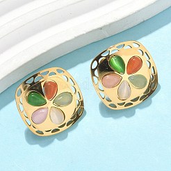 304ステンレススチールキャットアイフラワーペンダントネックレス＆スタッドピアスセット（女性用）  イオンプレーティング（ip）  ゴールドカラー  17.24インチ（438mm）&nbsp;SJEW-B020-04G