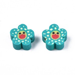 手作り樹脂粘土ビーズ  笑顔の花  ダークシアン  9~10x4mm  穴：1.5mm&nbsp;CLAY-S096-011G