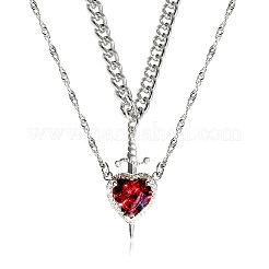 2Pcs Sword & Heart Zinc Alloy Light Siam Rhinestone Pendant Double Layer Necklaces for Women&nbsp;FS-WG484C5-02