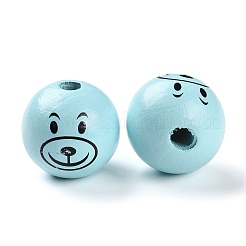 スプレー塗装された天然木ヨーロピアンビーズ  大穴ビーズ  クマのプリントが入ったラウンド  アクア  25mm  穴：6mm  約100個/500g&nbsp;WOOD-D024-01C