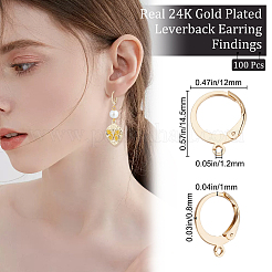 304ステンレススチールフレンチフックピアス金具100個  水平ループ付き  24KGP本金メッキ  14.5x12mm  穴：1.2mm  ピン：0.8x1mm&nbsp;STAS-BBC0002-03