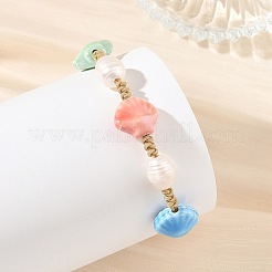 釉薬をかけた磁器ビーズと天然養殖淡水真珠を編み込んだビーズブレスレット  女性用調節可能なナイロン糸編みブレスレット  シェル形状  内径：3.74インチ（9.5cm）  シェル：12x13x7mm&nbsp;BJEW-JB14202-01