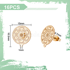 304ステンレススチールスタッドピアス金具16個  水平ループ付き  フィリグリー花  ゴールドカラー  16.5x15mm  穴：1mm  ピン：0.7mm&nbsp;STAS-UN0048-04