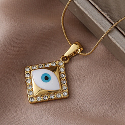Trendy Cartoon 304 Stainless Steel Enamel White Evil Eye Rhombus Pendant Necklaces for Women&nbsp;MQ6271