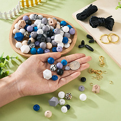 DIY ビーズ キーホルダー ブレスレット メイキング キット  合金分割キーリングとクラスプを含む  プラスチックの留め金  シリコン＆ウッドヨーロピアンビーズ  目と六角形と丸のある八角形  ミックスカラー&nbsp;DIY-TA0004-23