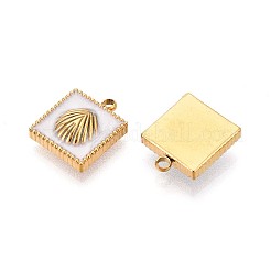 304ステンレススチールチャーム  エナメル  貝殻チャーム付きスクエア  18KGP本金メッキ  イオンプレーティング（ip）  フローラルホワイト  13x10.5x3.5mm  穴：1.5mm&nbsp;STAS-N111-02G
