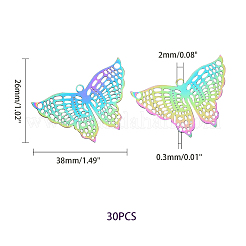 201 ステンレススチール製フィリグリーペンダント  エッチングされた金属装飾  蝶  虹色  26x38x0.3mm  穴：2mm  30個/箱&nbsp;STAS-UN0003-81