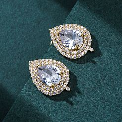 ティアドロップ真鍮マイクロパヴェクリアキュービックジルコニアスタッドピアス  16KGP本金メッキ  17.5x12mm&nbsp;EJEW-Z087-02G
