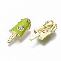 真鍮マイクロパヴェクリアキュービックジルコニアペンダント  エナメル  カドミウムフリー＆ニッケルフリー＆鉛フリー  16KGP本金メッキ  幸せな言葉でアイスクリーム  黄緑  20x8.5x3.5mm  穴：3.5x2mm&nbsp;ZIRC-S067-023G-NR