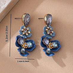 合金とアクリルのダングルスタッドピアス  樹脂＆ラインストーン付き  花  ゴールドカラー  スチールブルー  52x24mm&nbsp;FS-WG9FA2A-01