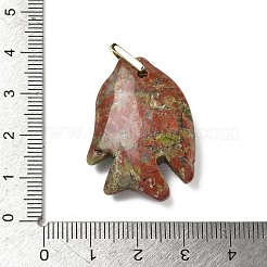 天然ユナカイト彫刻ペンダント  キュービックジルコニアと真鍮の金具が付いた魚のチャーム  ゴールドカラー  ラックめっき  32~33.5x23.5~24.5x8~8.5mm  穴：5x6mm&nbsp;G-G460-01G-03
