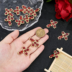 ラックメッキライトゴールド合金ラインストーンペンダント12個  樹脂製のバラ付き  長持ちメッキ  フラワーチャーム付きクロス  クロス  36.5x28.5x4.5mm  穴：2mm&nbsp;RELI-DC0001-01