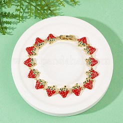 真鍮マイクロパヴェキュービックジルコニアエナメルリンクブレスレット  女性用ストロベリーリンクブレスレット  鉛フリー＆カドミウムフリー  ラックめっき  18KGP本金メッキ  7-1/4インチ（18.3cm）&nbsp;BJEW-Z126-02G