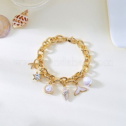 ビーチスタイルの合金エナメル＆プラスチックパールチャームブレスレット  女性用合金アズキチェーンブレスレット  貝殻の形とヒトデと魚の尾  ゴールドカラー  6.69インチ（17cm）&nbsp;WG5E974-05