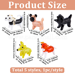 5個 5スタイル 手作りランプワーク 子犬 ホームディスプレイ装飾  3D漫画の犬  ミックスカラー  19~25.5x10~18x16~23mm  1個/スタイル&nbsp;LAMP-BM0001-01