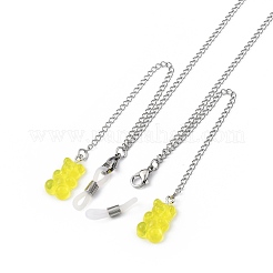304ステンレススチール眼鏡チェーン  眼鏡用ネックストラップ  クマ樹脂ペンダントとラバーループエンド付き  ステンレス鋼色  シャンパンイエロー  27.95インチ（71cm）&nbsp;AJEW-EH00207-04
