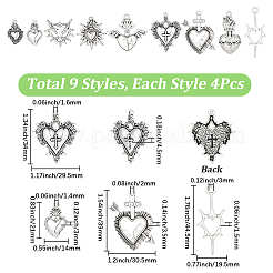 36pcs9スタイルチベットスタイルアロイペンダント  ハートチャーム  アンティークシルバー  混合図形  21~44.5x14~33x1.5~5.5mm  穴：1.2~3mm  4個/スタイル&nbsp;FIND-SC0021-23