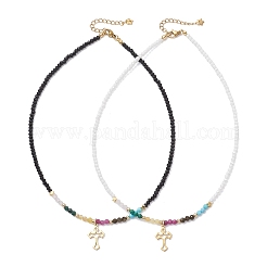 2Pcs 2 Colors 304 Stainless Steel Cross Pendant Natural Ruby & Golden Sheen Obsidian & Rose Quartz & Malachite & Yellow Opal Round & Electroplated Glass Rondelle Beaded Necklaces for Women&nbsp;NJEW-JN05611