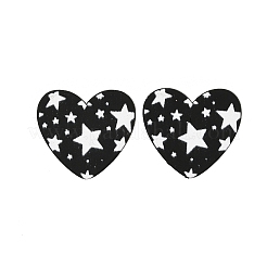 女性用ハートアクリルプリントスタッドピアス  304ステンレスピン付き  ブラック  18.5x20.5mm&nbsp;EJEW-G418-01B