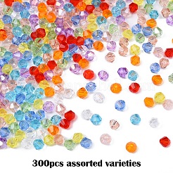 300個10色透明ガラスビーズ  多面カット  双円錐形  ミックスカラー  4x4mm  穴：0.8mm  30個/カラー&nbsp;EGLA-YW0001-79