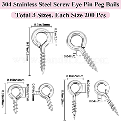 600個 3スタイル 304ステンレススチール スクリューアイピン ペグベイル  片穴パーツ用  ステンレス鋼色  8~12x4~5x1mm  穴：2~2.5mm  200個/スタイル&nbsp;STAS-BBC0005-13