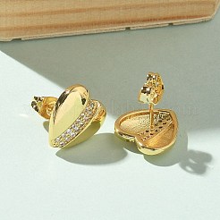 女性用真鍮マイクロパヴェクリアキュービックジルコニアスタッドピアス  ハート  18KGP本金メッキ  11.5x11.5mm&nbsp;LS-EJEW-U034-02G-03