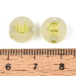 光沢のあるフロストアクリルビーズ  電気めっき  アルファベット付きフラットラウンド  暗闇で光る  U字  10x5mm  穴：2mm  約1390個/500g&nbsp;FACR-T008-02U