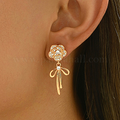 Elegant Brass Pave Clear Cubic Zirconia Flower with Bowknot Stud Earrings&nbsp;OP0904
