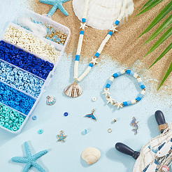 Ocean Theme DIY Disc/Flat Round Polymer Clay Beads & Alloy Enamel Charm Stretch Bracelets Making Kits&nbsp;DIY-SP0003-40