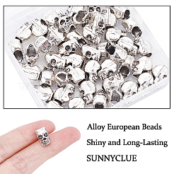 合金ヨーロピアンビーズ  大穴ビーズ  スカル  アンティークシルバー  12x9x7.5mm  穴：4mm  50個/箱&nbsp;PALLOY-SC0003-41AS