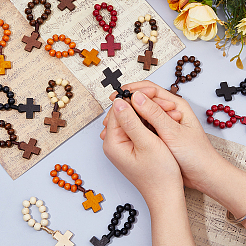 24Pcs 6 Colors Wood Cross & Round Beads Finger Rings&nbsp;RJEW-DC0001-24