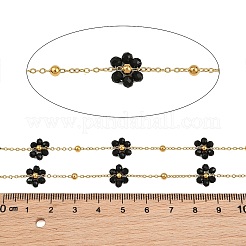 ガラスと304ステンレス鋼のアズキチェーン、ビーズチェーン  花  18KGP本金メッキ  ハンダ付け  イオンプレーティング（ip）  長持ちメッキ  ブラック  9x3mm  約16.40フィート（5m）/ロール&nbsp;SA-CBAD321-03E