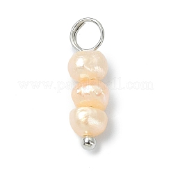 6 スタイルの天然養殖淡水真珠ペンダント 2 個  ジャガイモのチャーム  プラチナメッキ真鍮パーツ付き  桃パフ  11~19.5x4~4.5x4~4.5mm  穴：3.5mm  3個/スタイル&nbsp;PALLOY-JF02265-02
